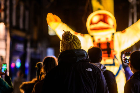 Spaceman by Alan Cockroft and Blackpool Illuminations at Light Up Lancaster 2019 Credit Robin Zahler